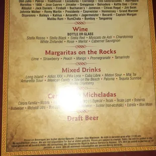 The menu for the drinks full bar