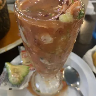 Mexican Raw Seafood Cocktail with shrimp, oysters and fish.  Cool and refreshing!