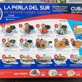 Current menu. The #12 shrimp rice w/ maduros was great!