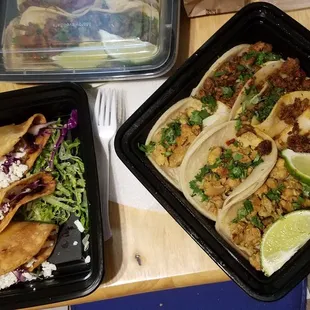 Taco orders to-go, 3 of each flavor including crispy potato with queso fresco.