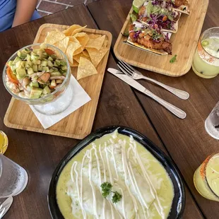 Ceviche, fish tacos, enchiladas