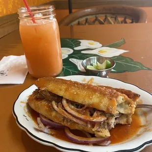 a plate of food and a drink