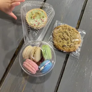 Pistachio tart, macarons, and cookie