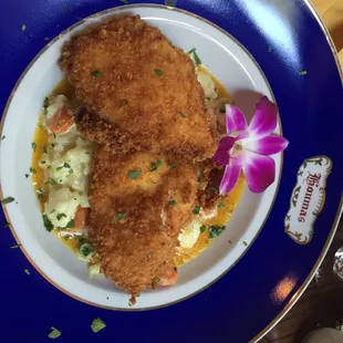 Panko crusted chicken, with vegetable risotto.