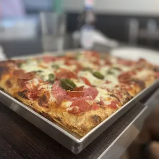 a pan of pizza on a table