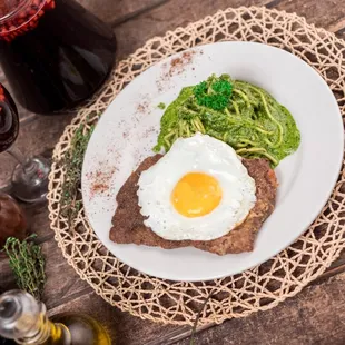 a plate of food on a wooden table