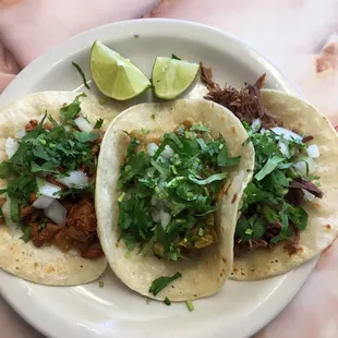 Al pastor, carnitas, and barbacoa.