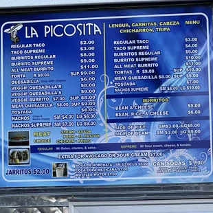 Menu (prices may vary)