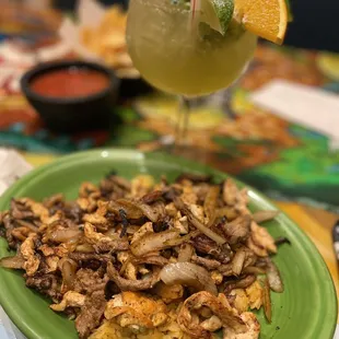 a plate of food and a drink