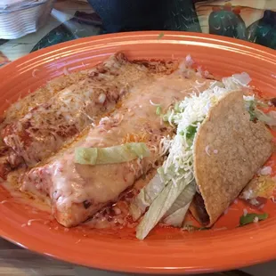 #6 Combination plate - Chicken burrito, chicken enchilada, and a ground beef taco.