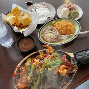 Combination Fajitas, Rice and Beans, Chips and Salsa