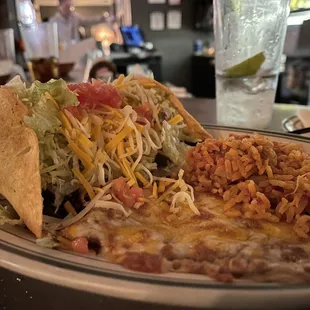 #6 Shredded beef taco platter. Rice and refried beans.