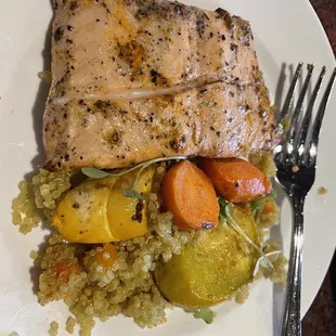 This is half of the salmon dish with veggies and quinoa.