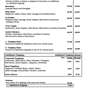 Pizza &amp; Calzone Menu (Prices are subject to change without notice)