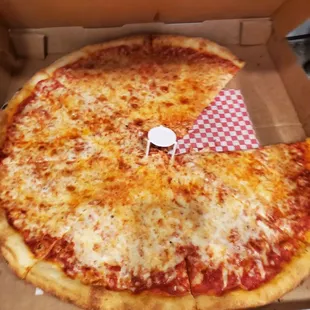 a cheese pizza in a box