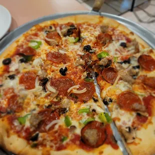 Dinner last evening; 1/31/2022. Lge Sz La Pizza Rina Combo Pizza. We ordered a Med Sz &amp; they gave us A lge sz. Leftover Tasty Pizza 2 day.