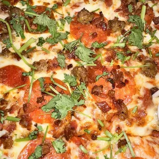 a pizza with pepperoni, sausage, and cheese