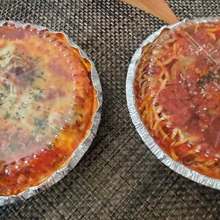 Left:  Ravioli with Meatballs  Right:  Spaghetti with Meatballs