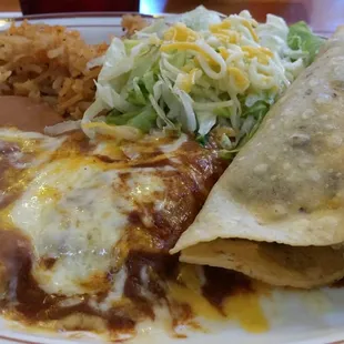 beef tacos, beans, rice, enchiladas