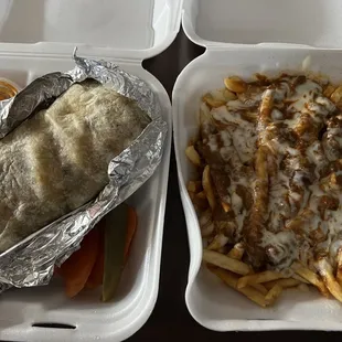 Breakfast burrito w Chili cheese fries