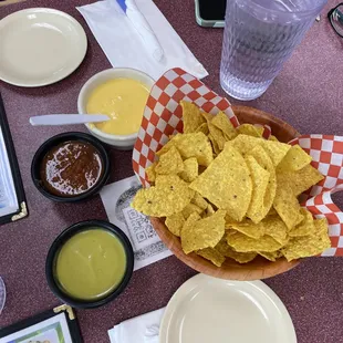 Chips, Queso Red and Green Salas