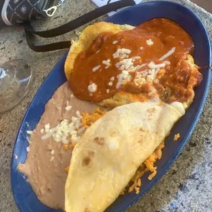 Cheese quesidilla with chili pablano rice and beans