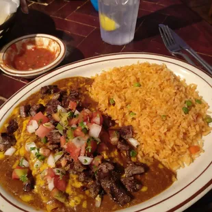 Beef Fajitas Enchiladas and double rice