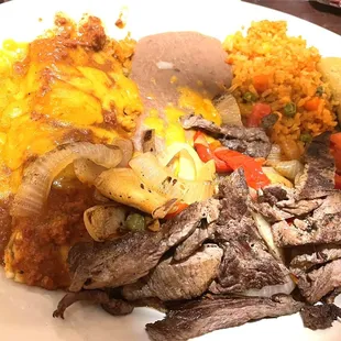 Tres Amigos - taco, enchilada, and fajita with beans &amp; rice. (Also guac, sour cream, and flour or corn tortillas)