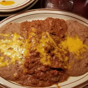Beef enchiladas with double refried beans.