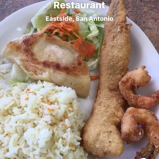 Quesadilla Plate: fish filet, shrimp quesadilla, 2 shrimp, rice &amp; side salad portion.