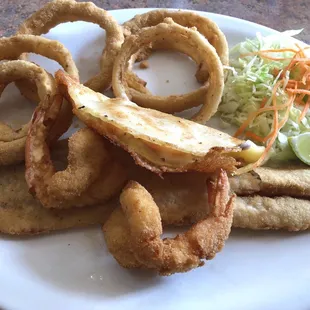 Shrimp Quesadilla plate with onion rings.