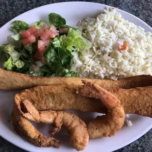 Lunch Special Combination with 2 fish filets, 2 shrimp , rice &amp; side salad. $8.99