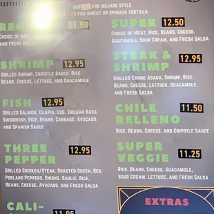 Burritos menu