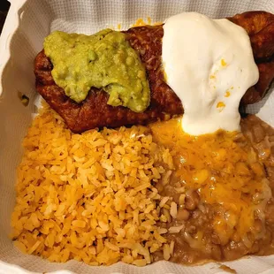 Chimichanga plate, with rice and beans, to go
