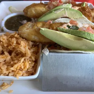 Baja Fish Tacos with Spanish rice