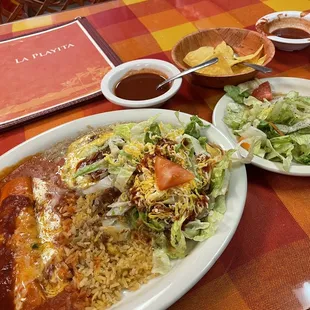 Cheese enchilada and Chili Colorado beef tostada combo plate. Chips and (smooth) salsa. Yum!!