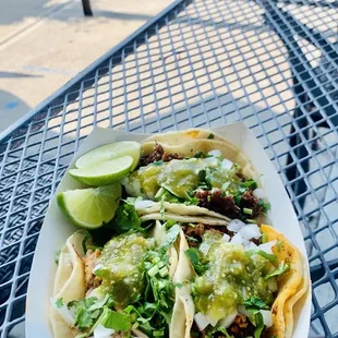 Chorizo, Barbacoa, and Carnitas tacos