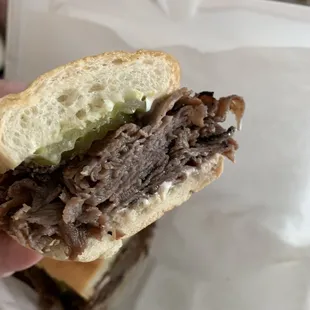 Roast beef no lettuce, no tomato, extra pickles with gravy on the side.