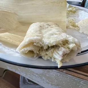 Chicken tamales with tomatillo sauce!