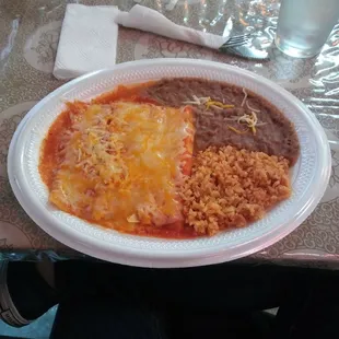 Cheese Enchiladas (yeah, it's on styrofoam plates).