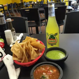 Crispy Chips. Hot and mild salsa + A Pineapple Jarrito