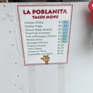Taco menu