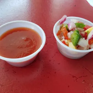 They have a salsa bar. Here is "chip salsa" and  mango salsa.