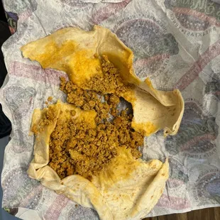 Old stale egg chorizo burrito