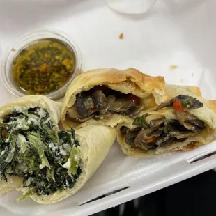 Pictured:  Spinach ricotta &amp; Mushroom.  Top is Argentinian chimichurri.   So good.  Other favorites are:  spicy beef, &amp; spicy chicken