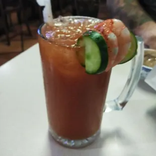 Michelada w/Victoria beer, 3 shrimp, cucumber and lime