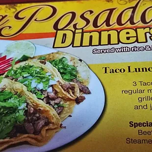 Great lunch special 3 Tacos Rice n Beans