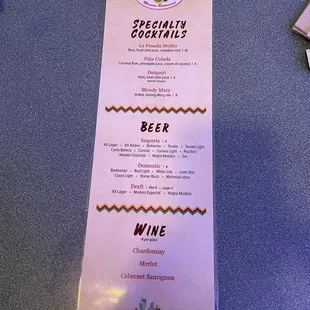 Drink menu