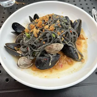 Squid ink pasta with seafood