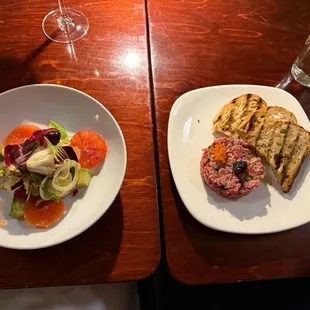 Chicories, avocado, fennel, citrus, pistachios  Steak tartar, caviar, tobiko